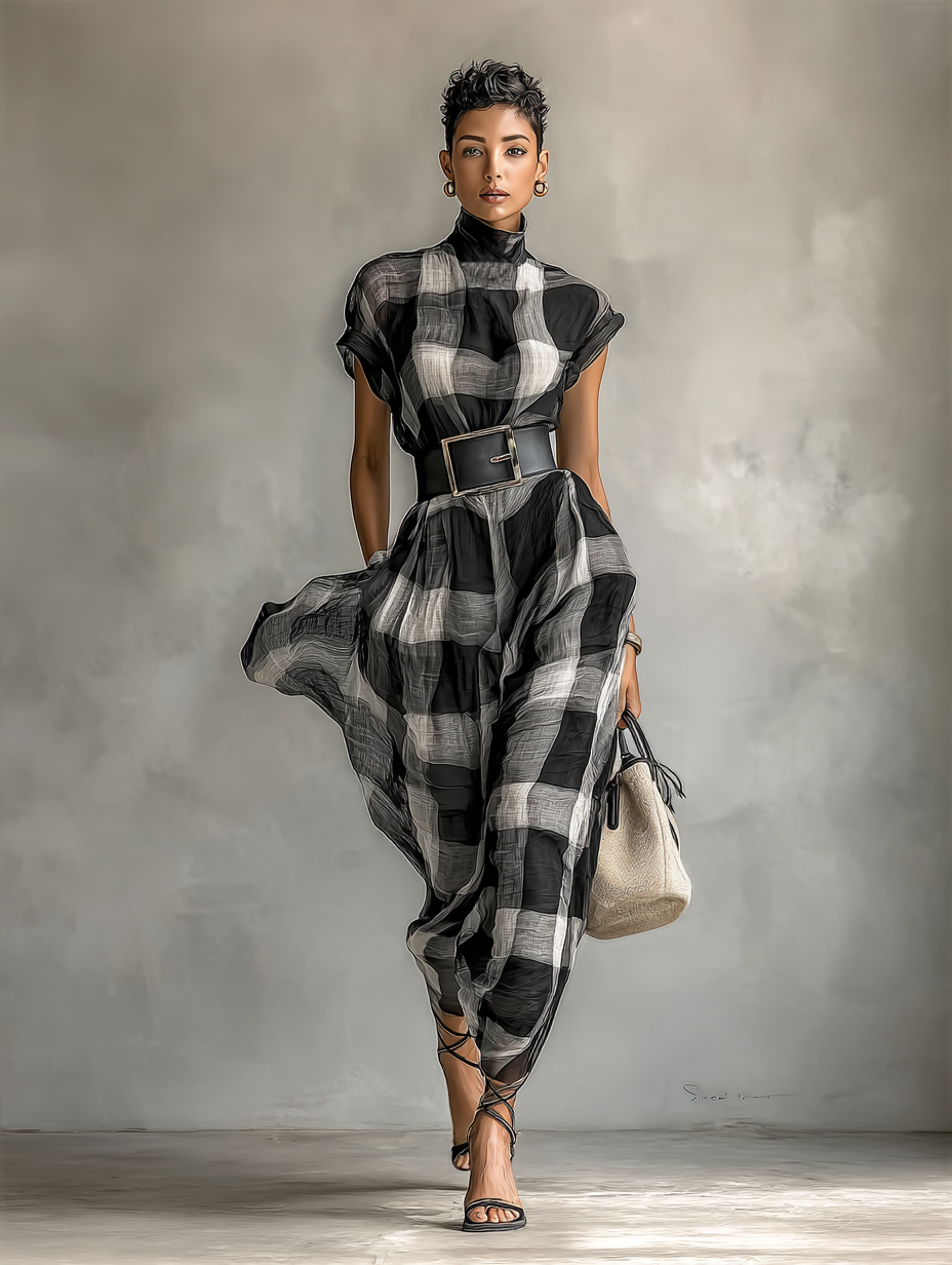 Maxi Jurk in Geruite Chiffon met Hoge Hals en Korte Mouwen