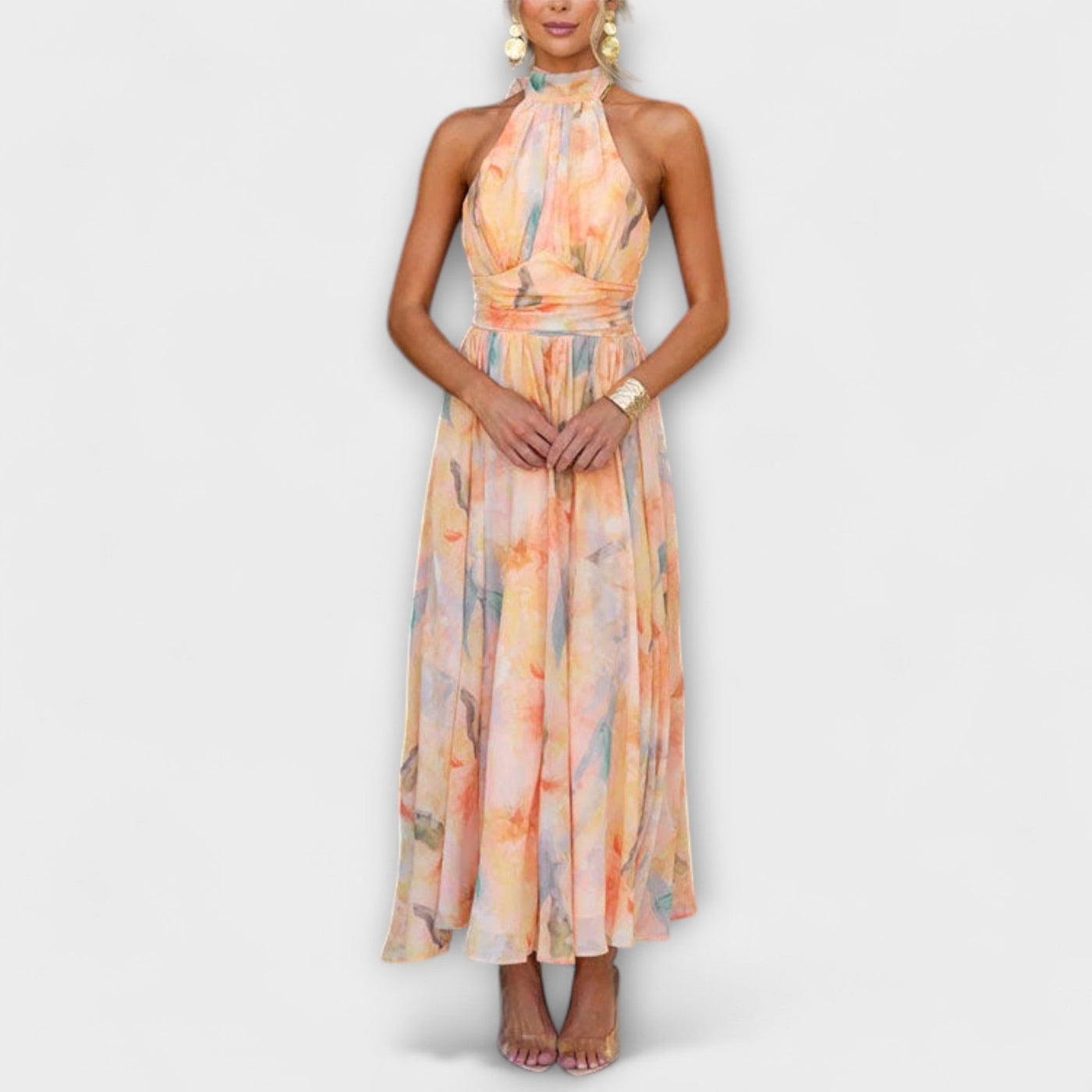 Halter | Maxi-jurk met halternek en aquarelprint
