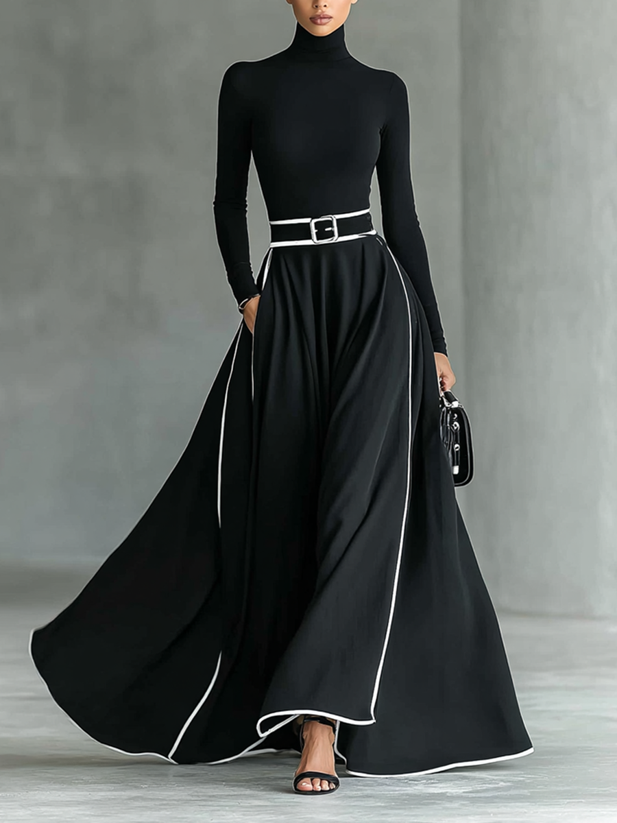 Zwarte Maxi Jurk met Witte Stiksels, Hoge Hals, Lange Mouwen en Strakke Taille