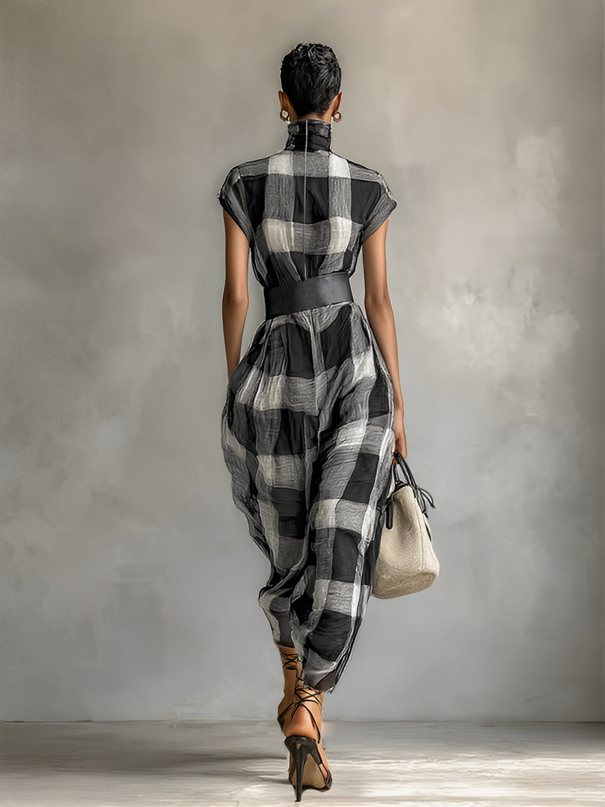 Maxi Jurk in Geruite Chiffon met Hoge Hals en Korte Mouwen