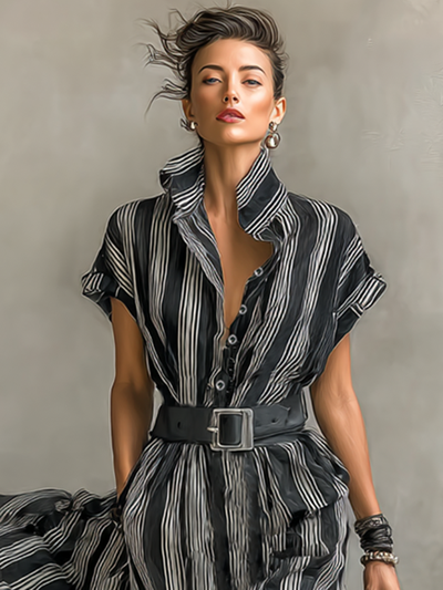 Maxi Chiffon Gestreepte Jurk met Kraag en Korte Mouwen voor Dames met Ceintuur