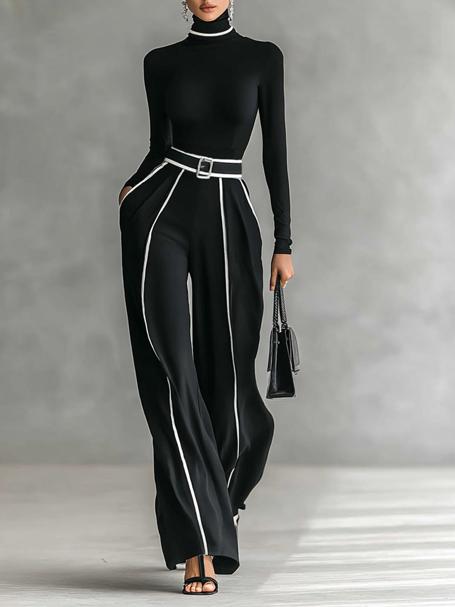 Twee-delig dames set met hoge hals top met lange mouwen, wijde broek en riem