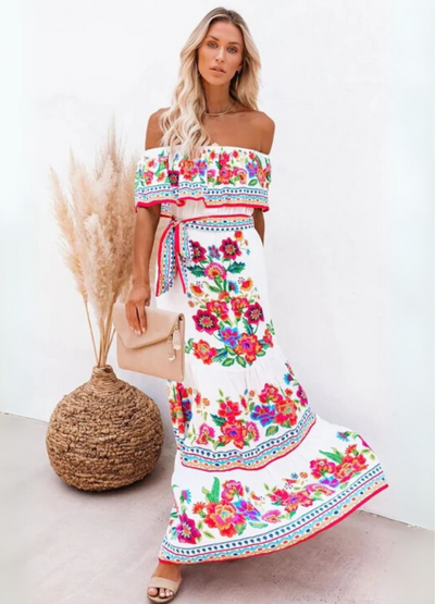 NOMI™ | Lange Boho Jurk met Bloemenprint