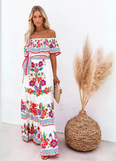 NOMI™ | Lange Boho Jurk met Bloemenprint