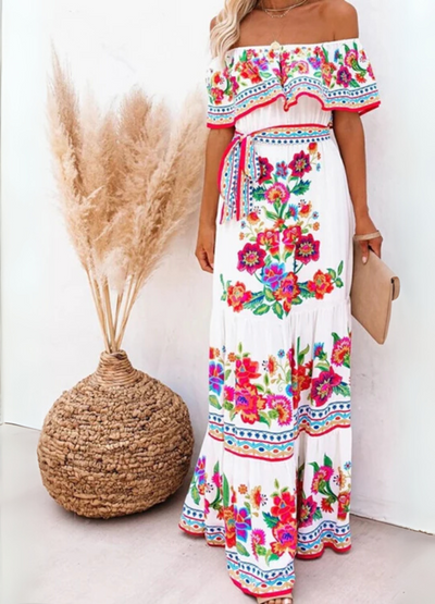 NOMI™ | Lange Boho Jurk met Bloemenprint