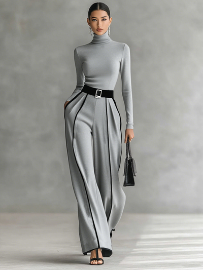 Twee-delig dames set met hoge hals top met lange mouwen, wijde broek en riem