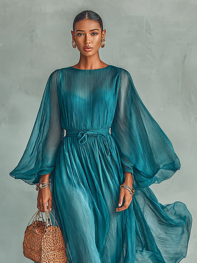 Maxi Jurk van Chiffon met Ronde Hals en Lange Mouwen voor Dames, met Verstelbare Taille