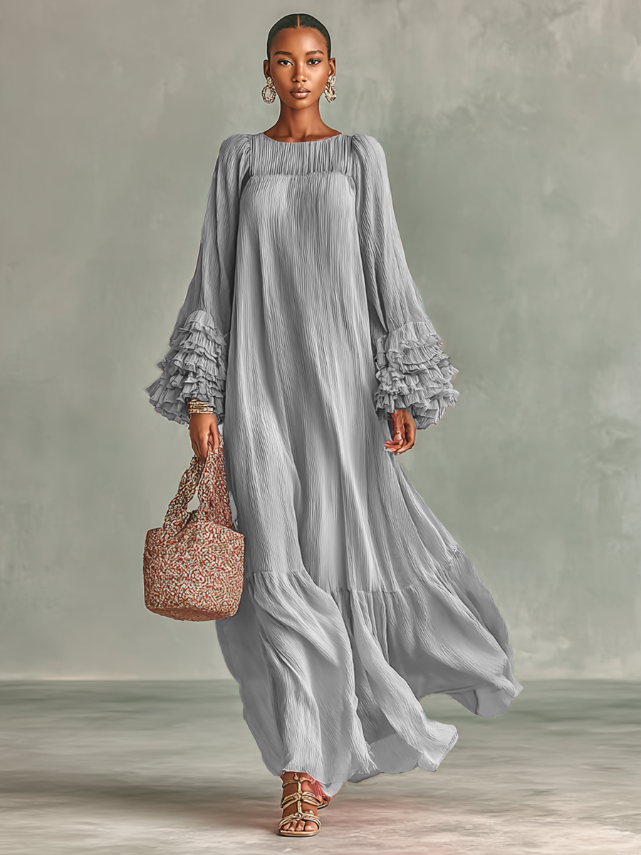 Maxi Jurk in Geplooid Chiffon voor Dames met Lange Mouwen en Ruches