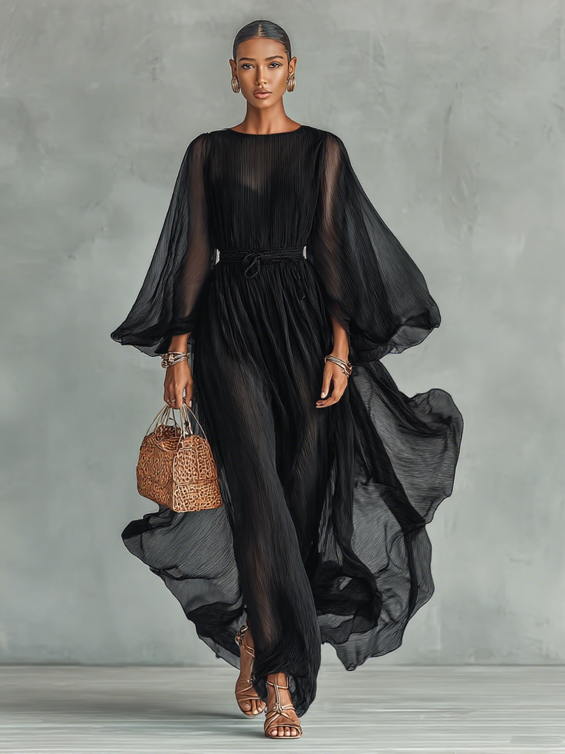 Maxi Jurk van Chiffon met Ronde Hals en Lange Mouwen voor Dames, met Verstelbare Taille