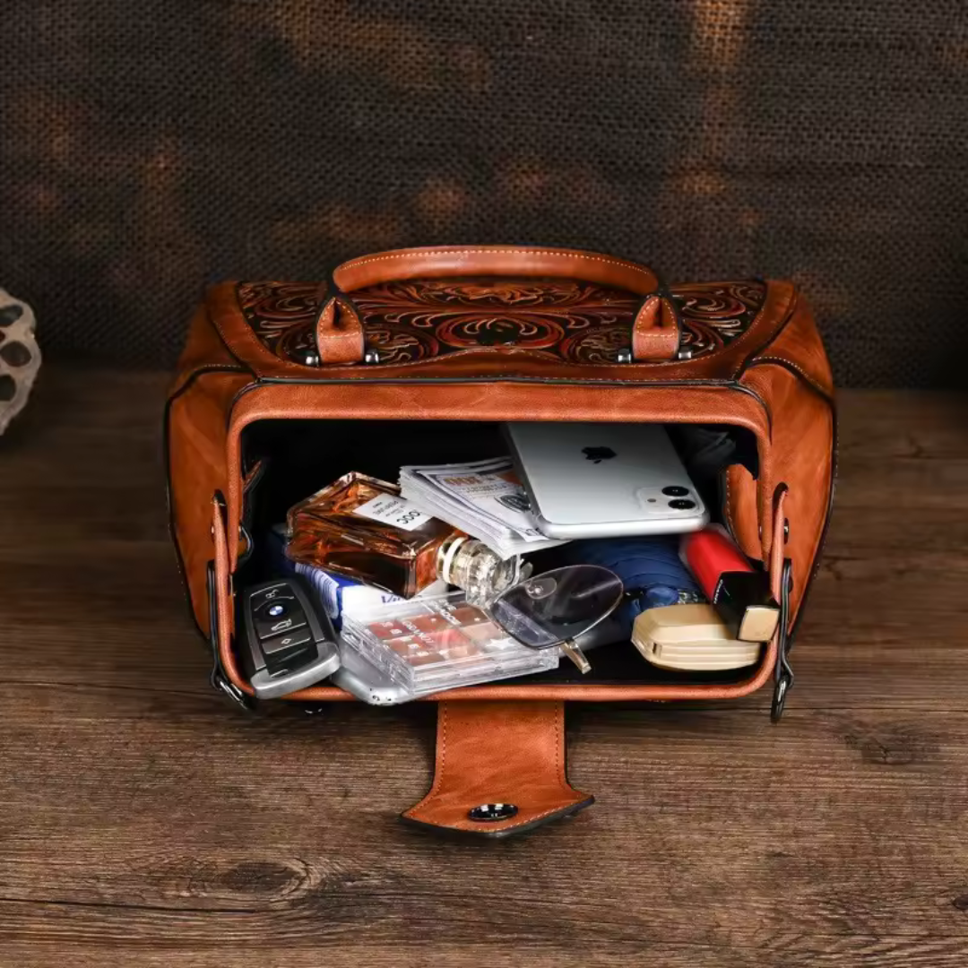 Florina - Handtas van leer met gravure en bloemenmotief