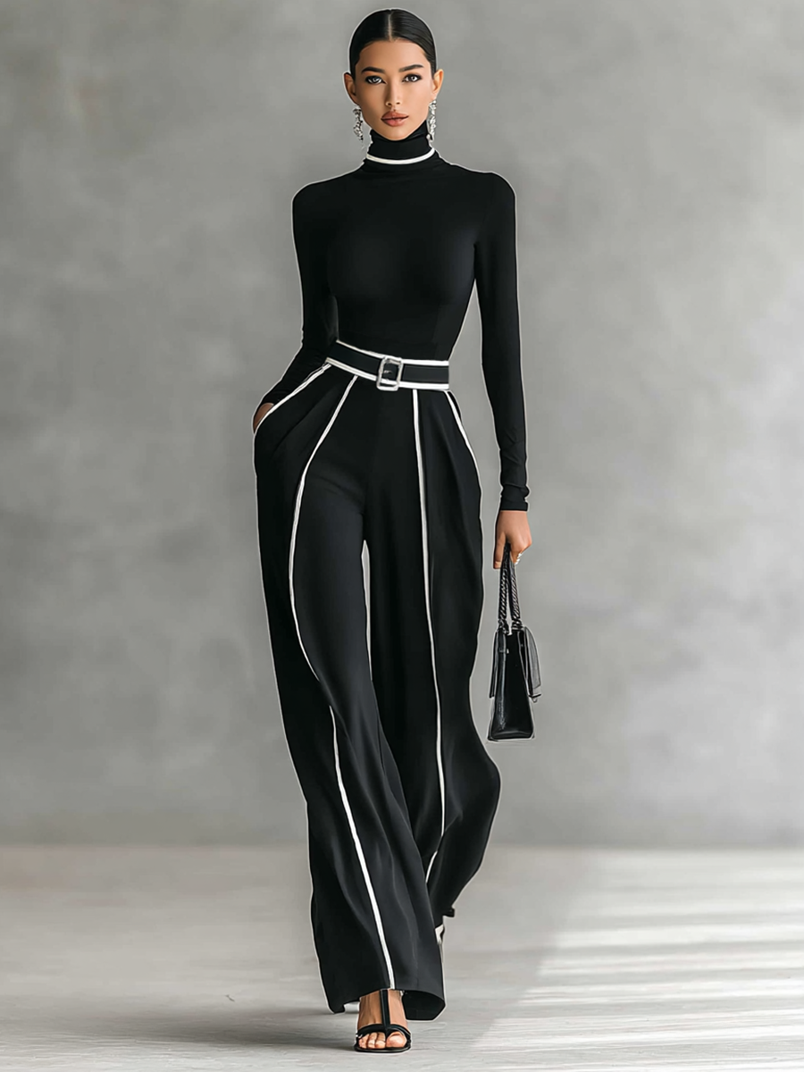 Twee-delig dames set met hoge hals top met lange mouwen, wijde broek en riem