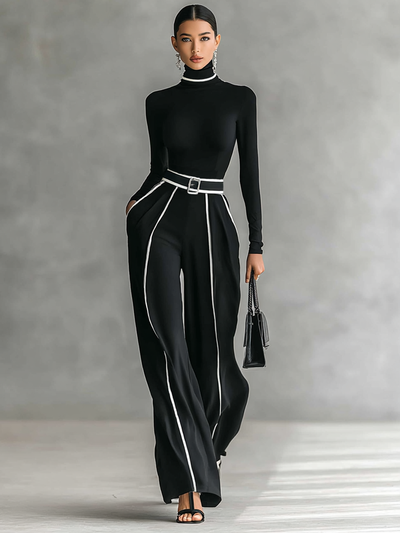 Twee-delig dames set met hoge hals top met lange mouwen, wijde broek en riem