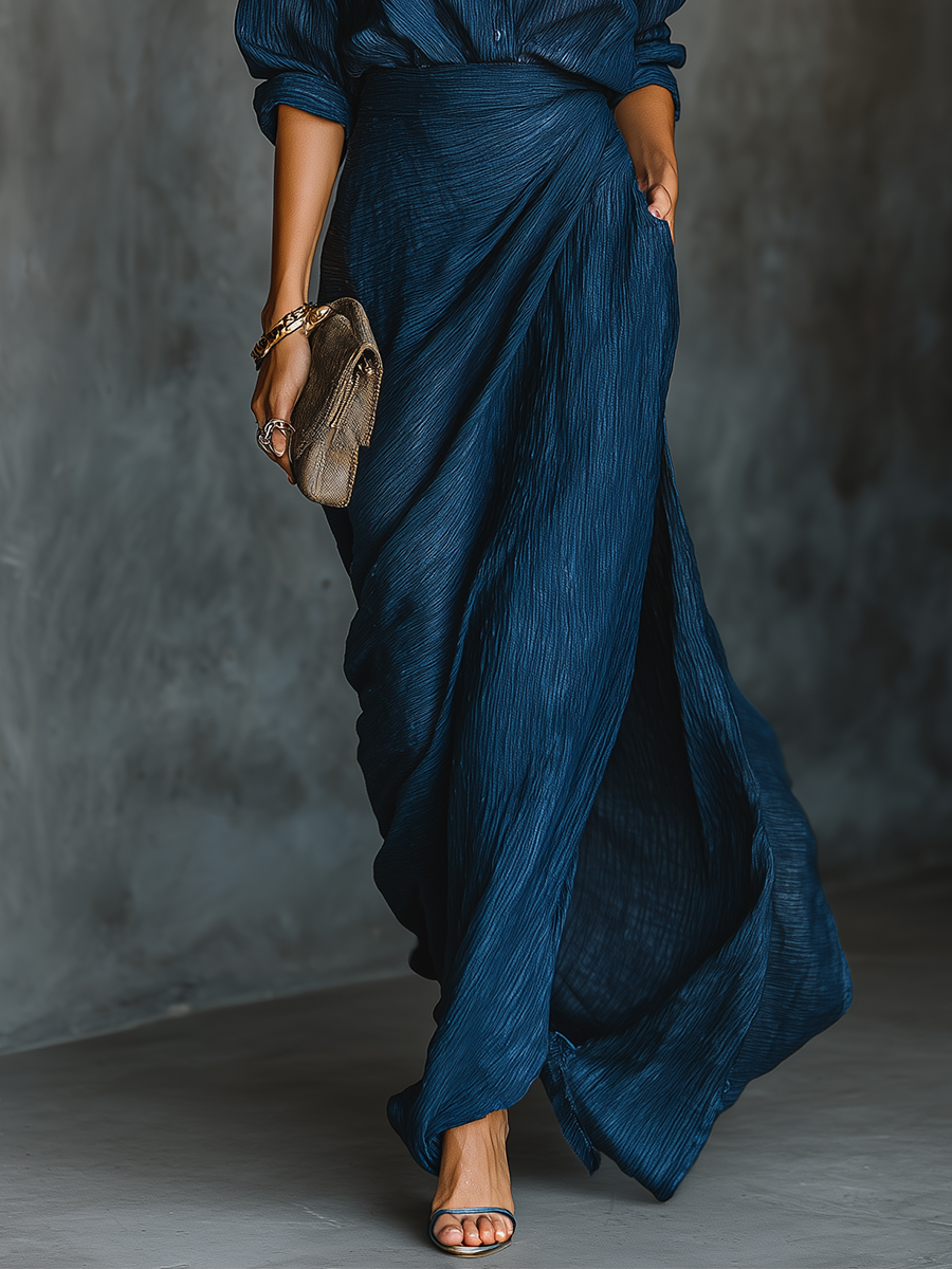 Set Lange Rok en Elegante Blouse van Katoen en Linnen Donkerblauw