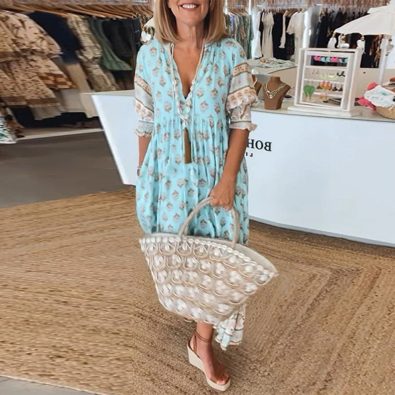 GIULIA | Midi Jurk met V-hals en Elegante Ballonmouwen