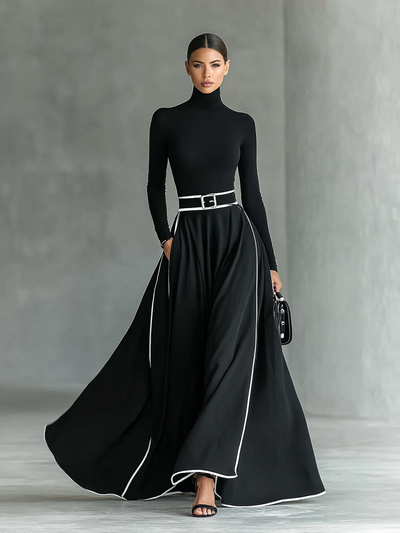 Zwarte Maxi Jurk met Witte Stiksels, Hoge Hals, Lange Mouwen en Strakke Taille