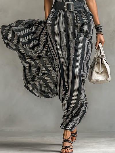 Maxi Chiffon Gestreepte Jurk met Kraag en Korte Mouwen voor Dames met Ceintuur