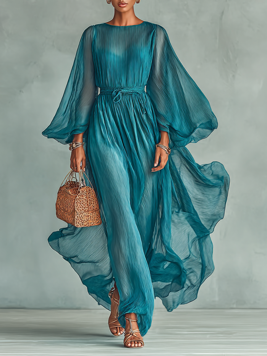 Maxi Jurk van Chiffon met Ronde Hals en Lange Mouwen voor Dames, met Verstelbare Taille