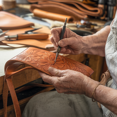 Florina - Handtas van leer met gravure en bloemenmotief