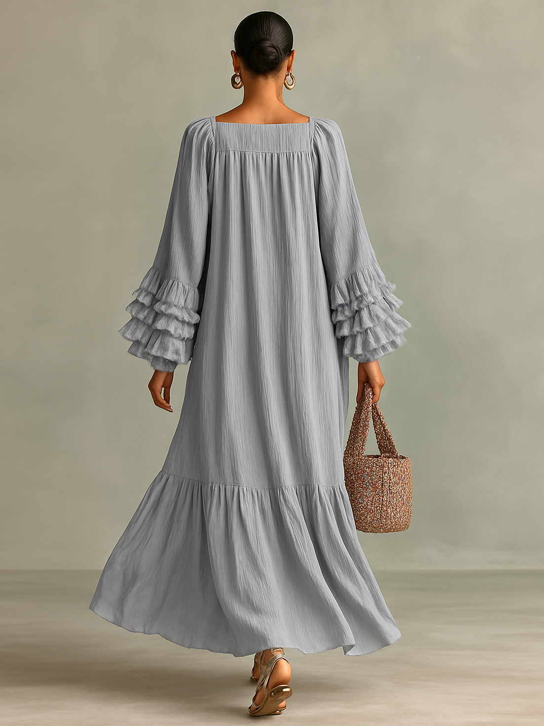Maxi Jurk in Geplooid Chiffon voor Dames met Lange Mouwen en Ruches