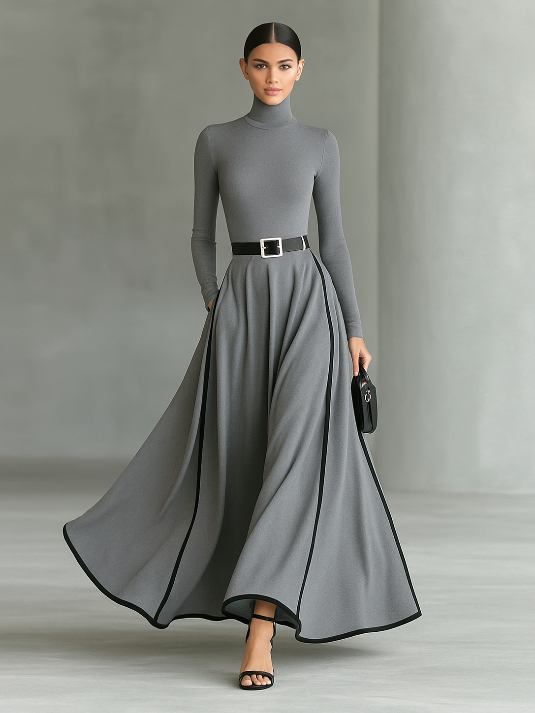 Zwarte Maxi Jurk met Witte Stiksels, Hoge Hals, Lange Mouwen en Strakke Taille