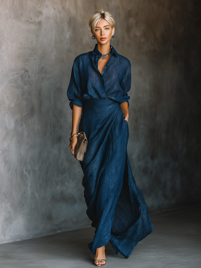 Set Lange Rok en Elegante Blouse van Katoen en Linnen Donkerblauw