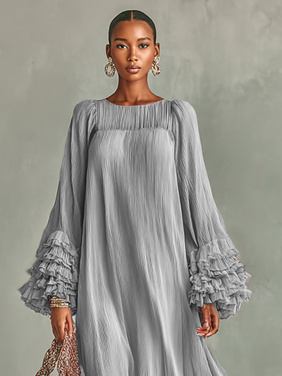 Maxi Jurk in Geplooid Chiffon voor Dames met Lange Mouwen en Ruches