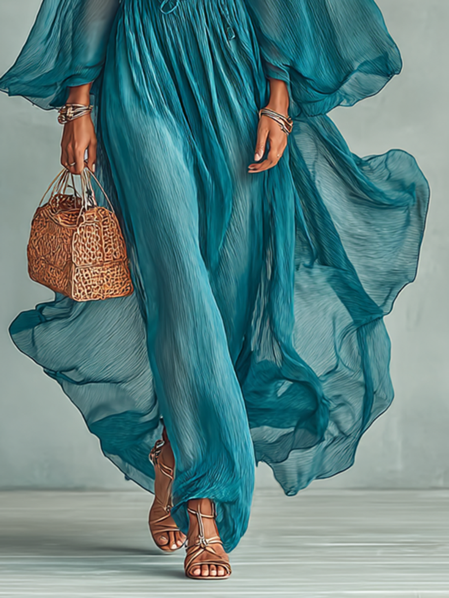 Maxi Jurk van Chiffon met Ronde Hals en Lange Mouwen voor Dames, met Verstelbare Taille