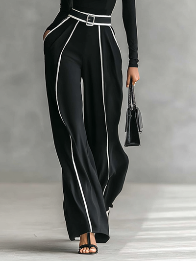 Twee-delig dames set met hoge hals top met lange mouwen, wijde broek en riem