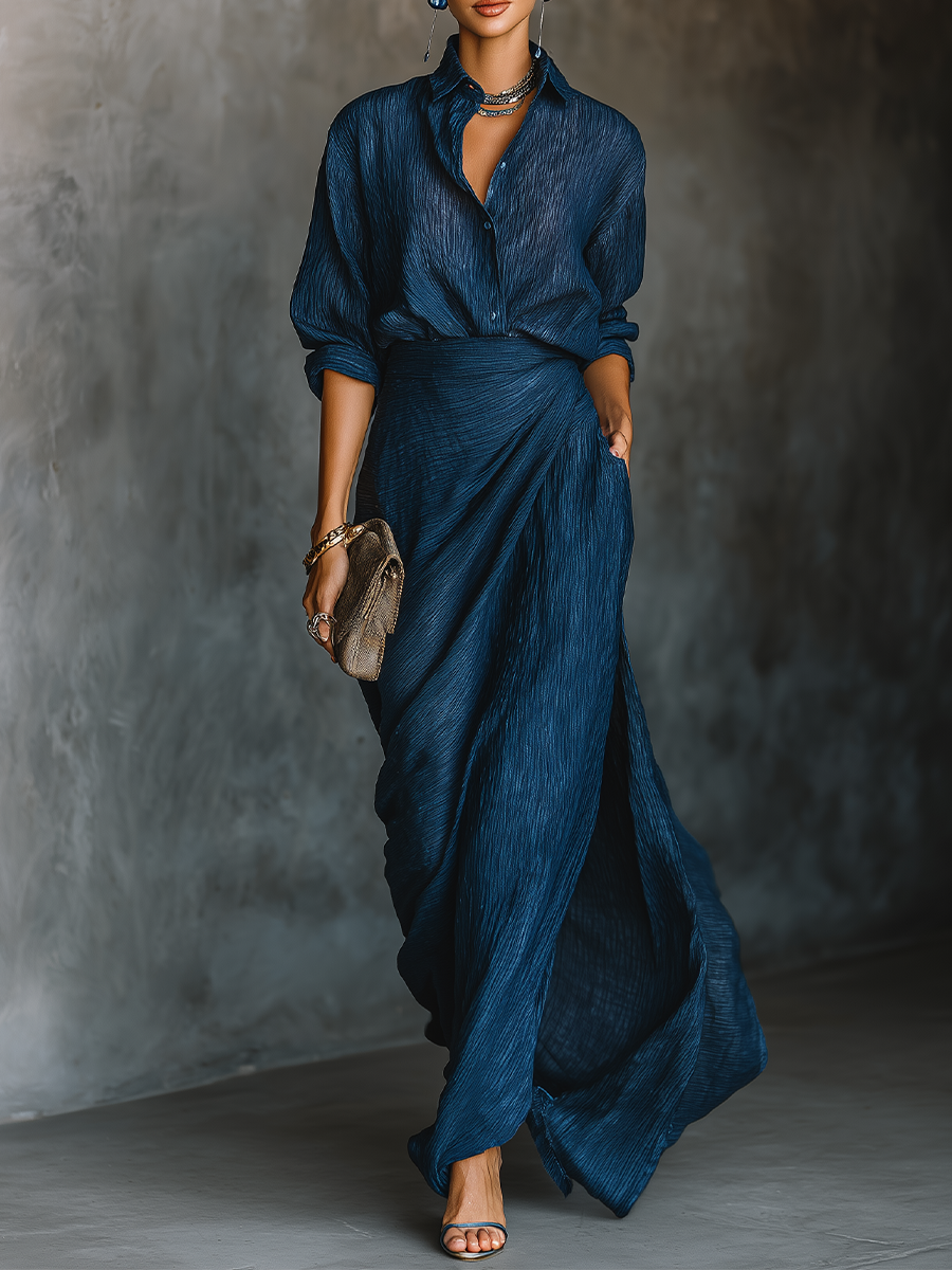 Set Lange Rok en Elegante Blouse van Katoen en Linnen Donkerblauw