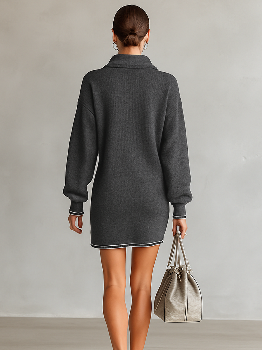 Mini Jurk in Brede Tricot met Polo Kraag en Rits