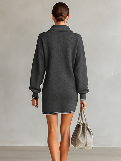 Mini Jurk in Brede Tricot met Polo Kraag en Rits