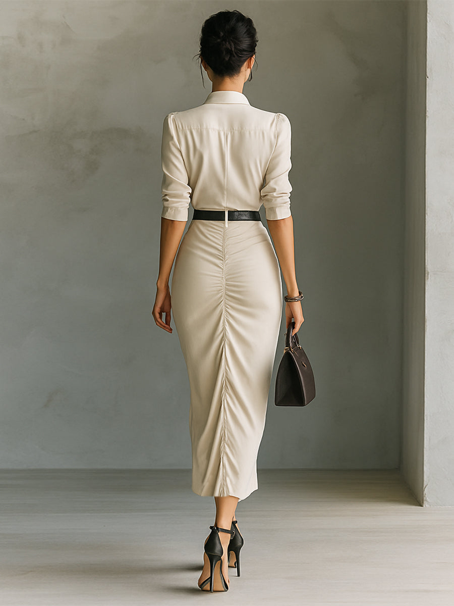 Maxi Jurk Dames Monochroom met Revers en Driekwart Mouwen
