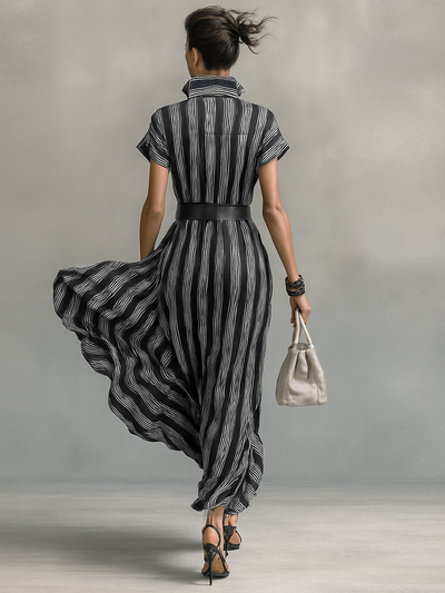 Maxi Chiffon Gestreepte Jurk met Kraag en Korte Mouwen voor Dames met Ceintuur
