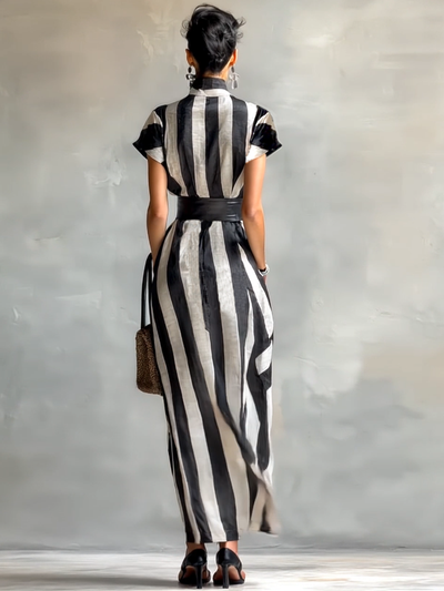 Maxi Jurk van Chiffon met Hoge Hals en Korte Mouwen