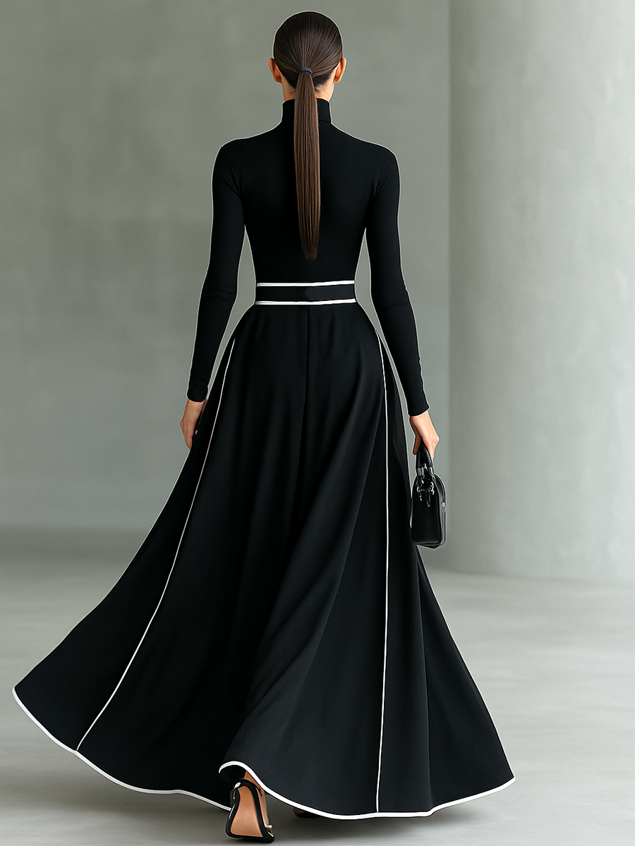 Zwarte Maxi Jurk met Witte Stiksels, Hoge Hals, Lange Mouwen en Strakke Taille