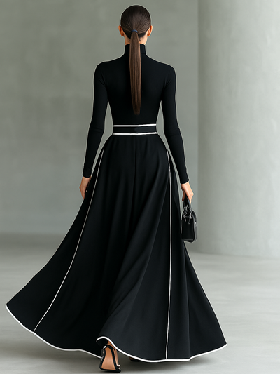 Zwarte Maxi Jurk met Witte Stiksels, Hoge Hals, Lange Mouwen en Strakke Taille