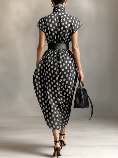 Maxi Jurk in Chiffon met Stippenprint en Hoge Hals