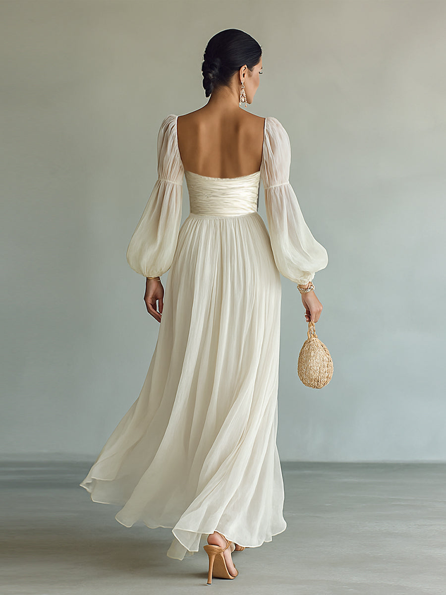 Maxi-jurk van Chiffon voor Dames met Vierkante Halslijn en Lange Mouwen