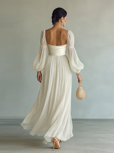 Maxi-jurk van Chiffon voor Dames met Vierkante Halslijn en Lange Mouwen
