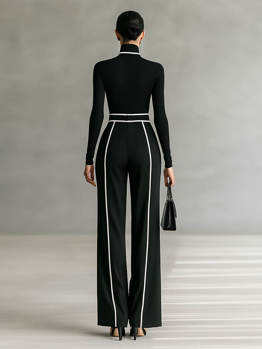 Twee-delig dames set met hoge hals top met lange mouwen, wijde broek en riem