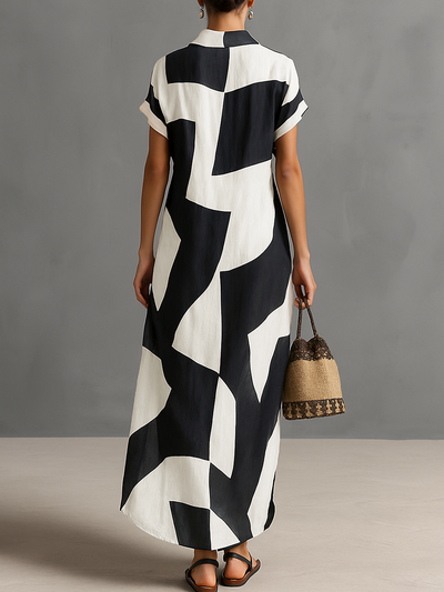 Maxi Blouse Jurk in Chiffon voor Dames met Irreguliere Geometrische Print en Reverskraag, Korte Mouwen, Enkele Knop