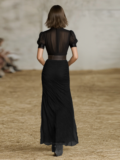 Maxi Jurk in Geplooid Chiffon met Revers en Korte Mouwen
