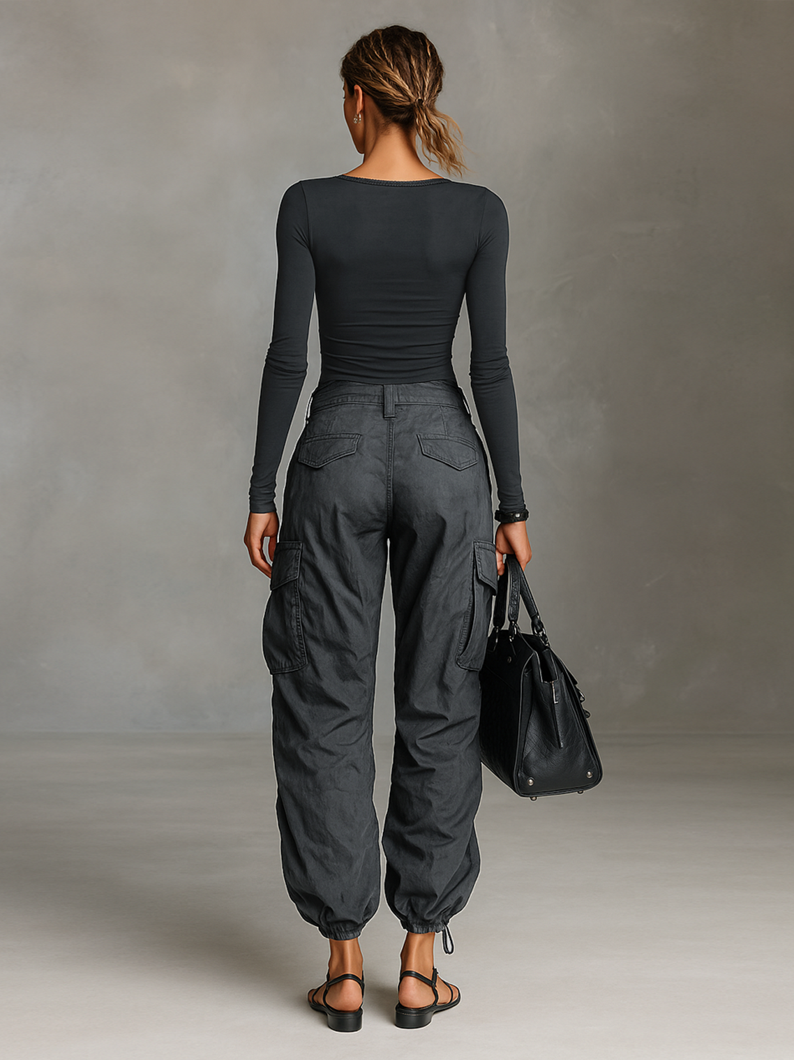 Set van Twee Stukken T-Shirt met Lange Mouwen en Vierkante Hals en Cargo Broek met Veel Zakjes