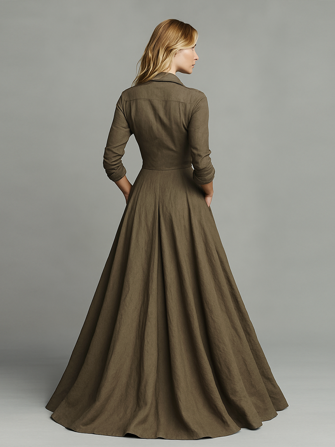 Maxi Vintage Jurk in Katoen en Linnen voor Dames met Overhemdontwerp