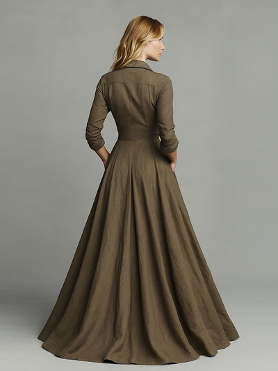 Maxi Vintage Jurk in Katoen en Linnen voor Dames met Overhemdontwerp