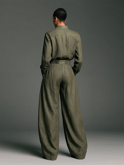 Set van Twee Stukken Dames in Katoen en Linnen met Lange Mouwen Blouse en Wijde Pantalon