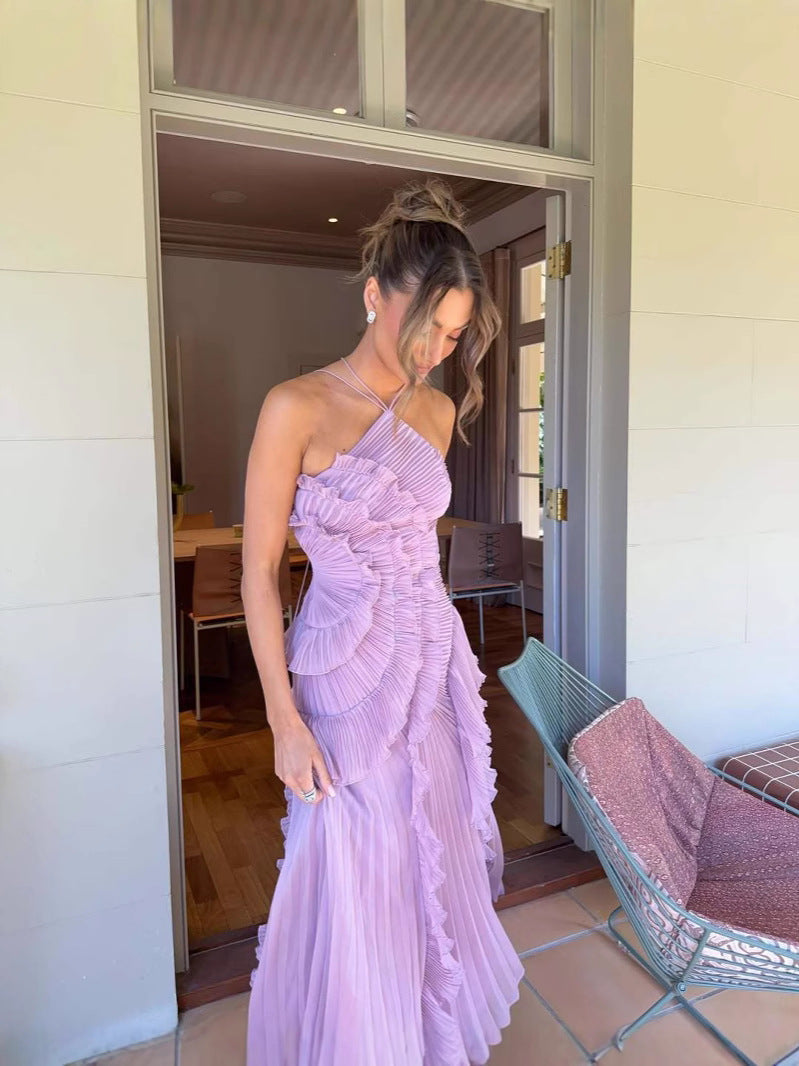 NOMI™ | Plissé Jurk – Sculpturale Lijn en Elegantie in Lila