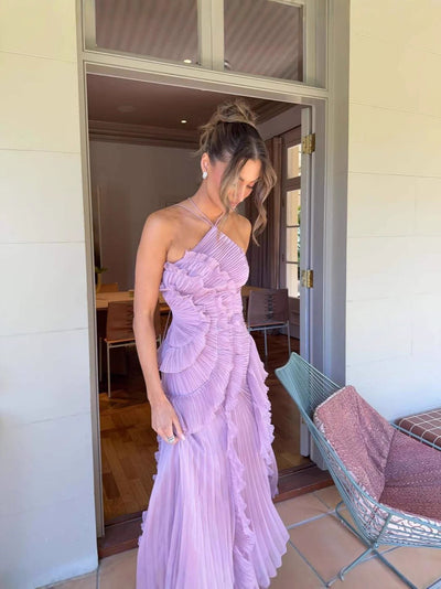 NOMI™ | Plissé Jurk – Sculpturale Lijn en Elegantie in Lila