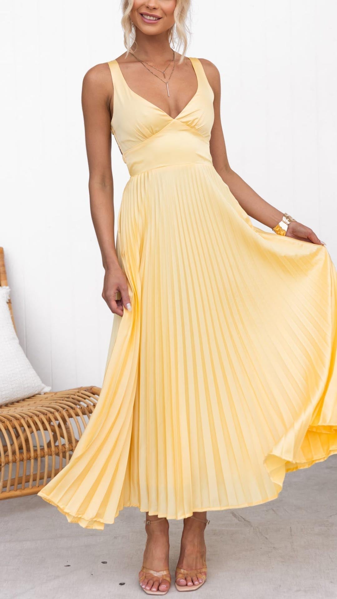 Aby | Gele maxi-jurk met geplooide V-halslijn