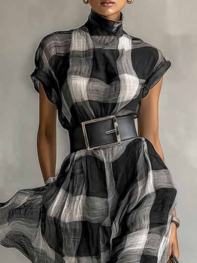 Maxi Jurk in Geruite Chiffon met Hoge Hals en Korte Mouwen